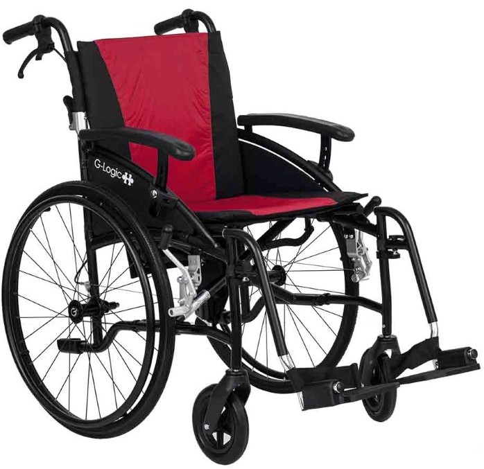 Excel G-Logic Lightweight Self Propelled Wheelchair With Black Frame and Red Upholstery 16'' Slim Seat